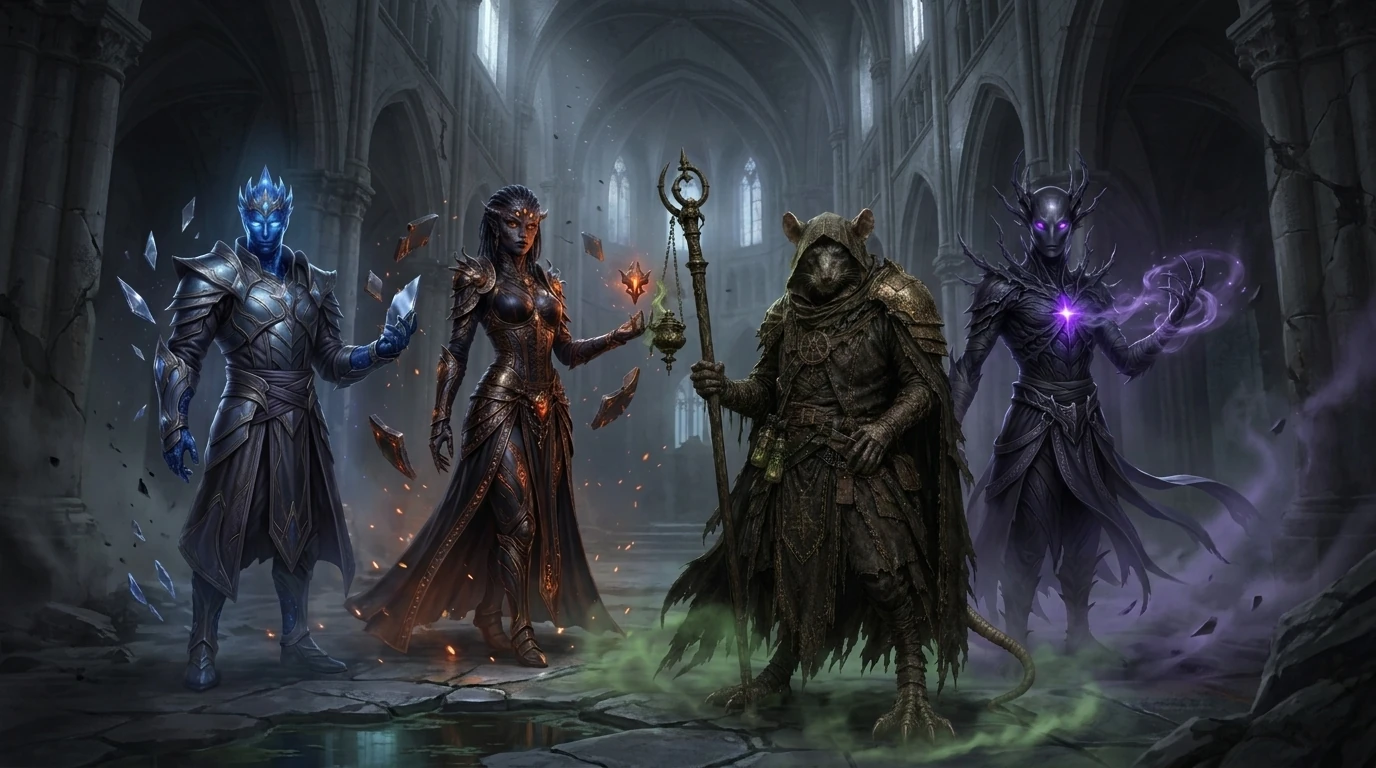 The first four revealed classes standing within a ruined cathedral