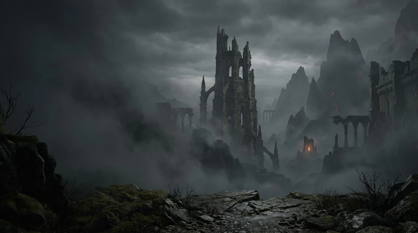 A vast fog-covered landscape of ancient ruins in Yashariel