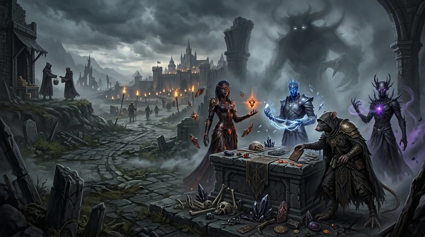 Four Yashariel classes contributing items to summon a world boss near a shared settlement