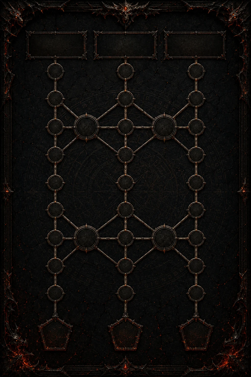 An empty three-path Yashariel talent tree interface